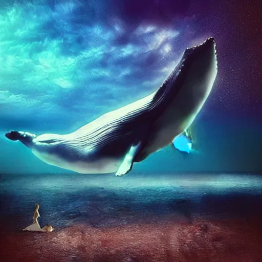 Image similar to photomanipulation of a huge whale that has tiny fairy wings