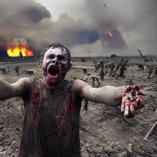 Image similar to selfie of a ukrainian screaming in pain and terrible injuries from a nuclear explosion, everything is on fire and radiation, in the background there are a lot of people like zombies, corpses and skeletons, a large nuclear explosion in the background, people are painted in yellow and blue, all dirty with severed limbs, doomsday