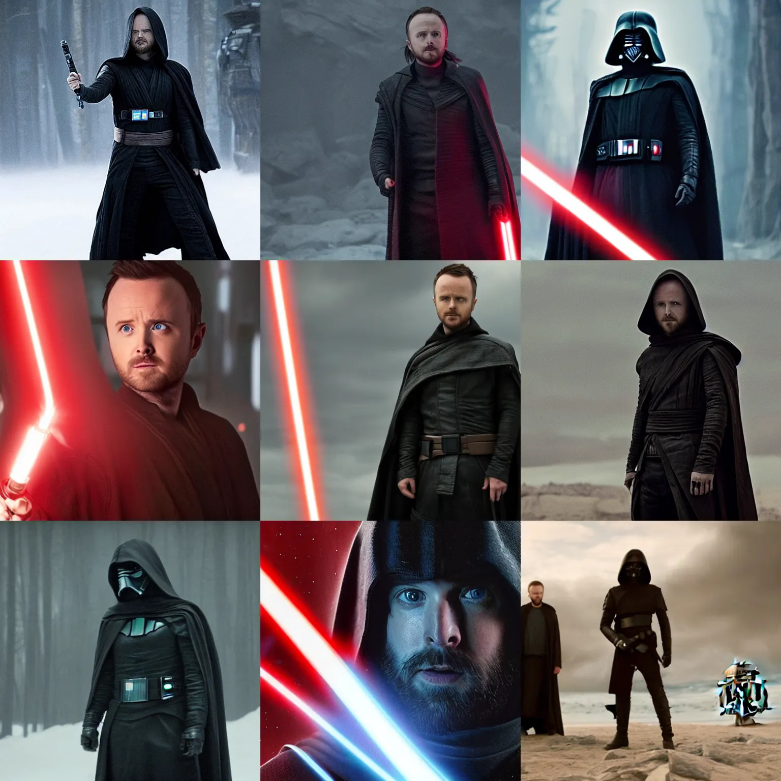 Prompt: aaron paul in Star Wars - The Last Jedi as Kylo Ren without a helmet holding his lightsaber