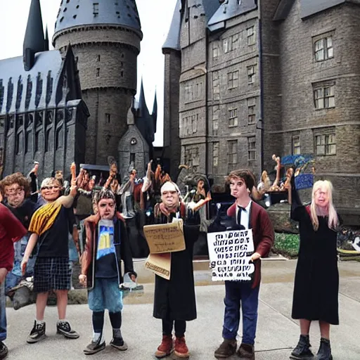 Prompt: Harry Potter protesting in front of Hogwarts