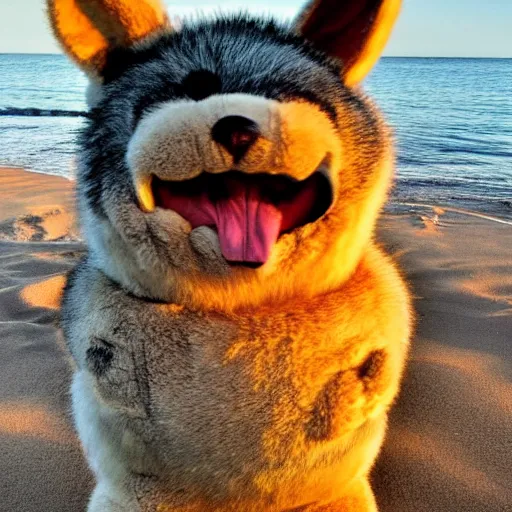 Image similar to an adorable fierce furry monster that looks like a very chubby wolf rabbit ears and teddy bear body, Smiling at the camera with a mischievous grin, happy lighting, at a tropical beach