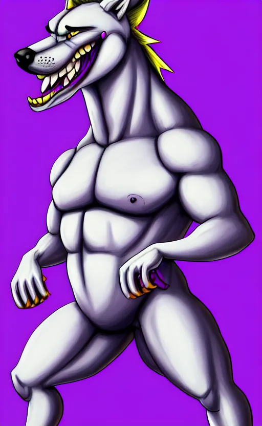 Image similar to painting of an anthropomorphic bulky muscular purple dog, furry style, wearing jeans, deviant art, fursona, professional furry drawing, insanely detailed, bulky husky dragon like face, doing a pose from jojo's bizarre adventure, detailed veiny muscles, exaggerated features, beautiful shading, huge white teeth, grinning, colorful background