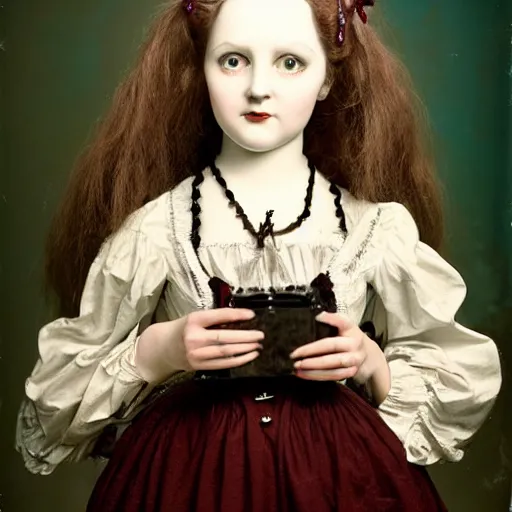 Prompt: head and shoulders portrait of a victorian gothic doll-like girl making an ASMR video on YouTube, color Graflex photograph by Mark Ryden
