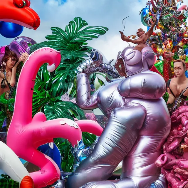 Image similar to an extreme close - up of a statue chrome cyborg lycra nymph battling a giant inflatable flamingo pool float, christmas cactus arnold schwarzenegger and monstera plants, fireworks thick smoke epic clouds, by jeff koons, hajime soryama, boris vallejo, artgerm, greg rutkowski, alphonse mucha