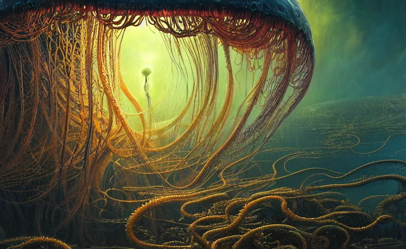 Prompt: highly detailed digital matte painting of an intricate gargantuan ancient cosmic jellyfish with thousands of tentacles flying over a swamp,, colorful dusk, hyperdetailed, alien organic life, flowing tendrils, wide shot, cinematic angle, dramatic lighting, octane render, smooth, art by gustave dore, jean giraud, philippe druillet