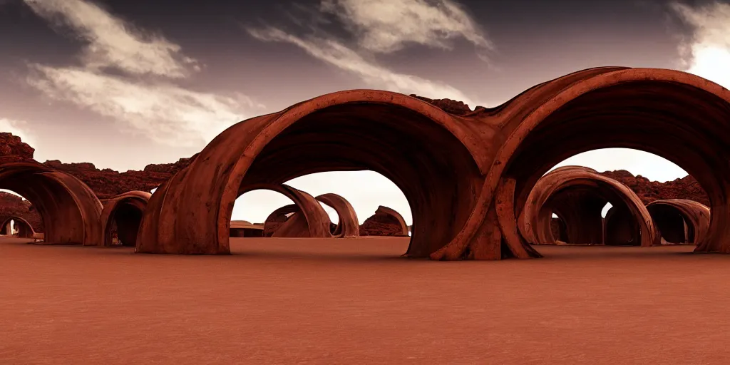 Prompt: a shiny chrome gargantuan underneath a rusted metal archway that spans the sky, desert canyons in background, matte oil painting, science fantasy, biblical, salt dunes, sacred, shrines, trees, rpg, queer, lgbt, pride, epic, extremely detailed, sharp focus, 4 k