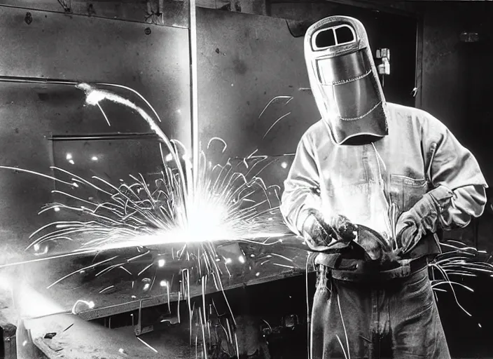 Prompt: welder in welding mask at the supermarket, by richard avedon, tri - x pan stock