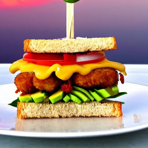 Image similar to sandwich with fried tofu, one tomato slice, mayonaisse, one onion ring, avocado, melted cheddar, over a dish that is over a table, with a sunset and rainbow in the background with saturn and stars in the sky