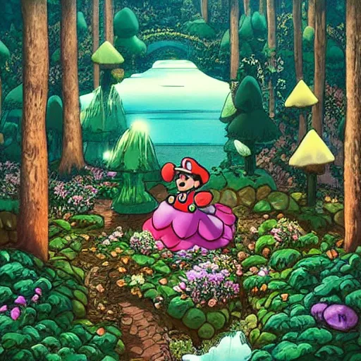 Prompt: mario looks at a stunning fairy landscape with the mushroom kingdom from super mario bros in the middle of the forest, ornate, intricate, in the style of miyazaki, studio ghibli, hyper detailed