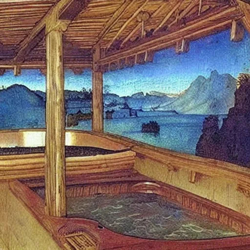 Prompt: leonardo da vinci's plans for his new invention the hot tub