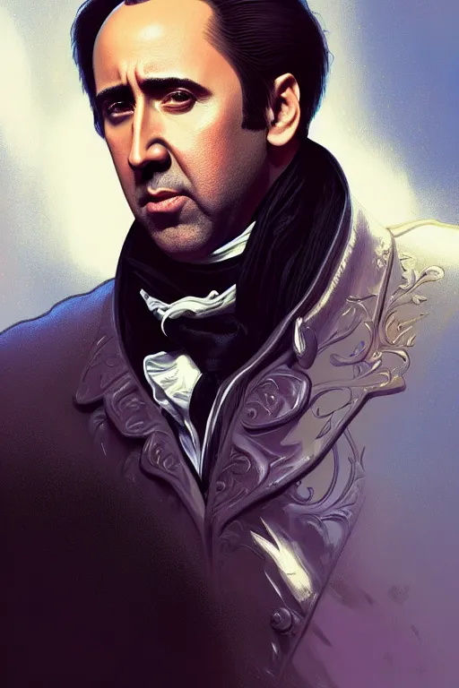 Prompt: a portrait of nicolas cage as hamilton, fantasy, sharp focus, intricate, elegant, digital painting, artstation, matte, highly detailed, concept art, illustration, ambient lighting, art by ilya kuvshinov, artgerm, alphonse mucha, and greg rutkowski