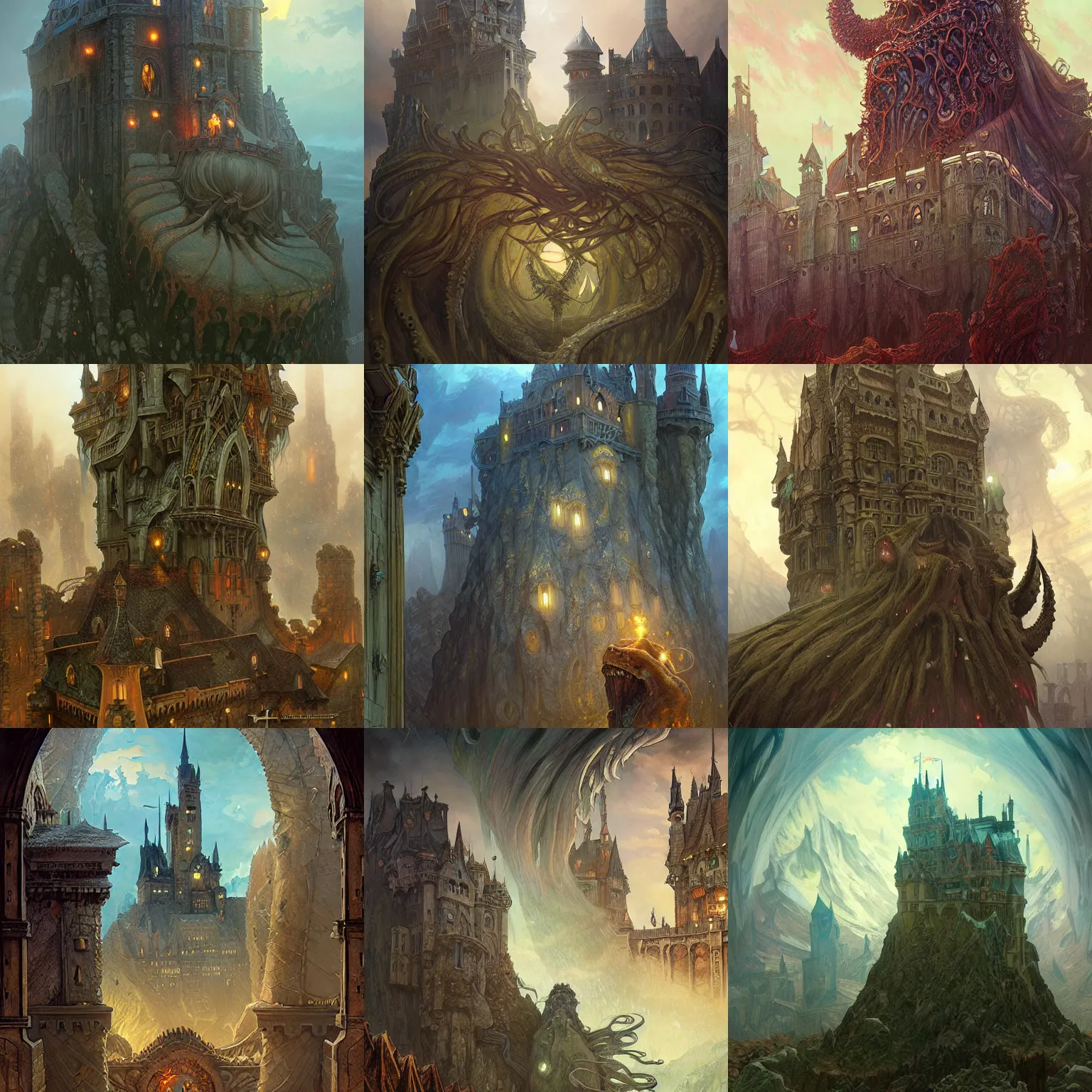 Prompt: giant lovecraftian monster devouring a castle, high fantasy, lovecraftian horror, depth of view, highly detailed, digital painting, artgerm and greg rutkowski and alphonse mucha