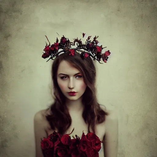 Image similar to full body fine art photo of the most beautiful woman, she has a crown of dried roses, by oleg oprisco