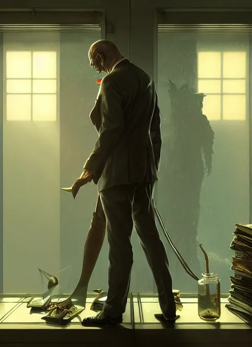 Image similar to A demon in office attire, looks at a shrunk human in a jar, in his cubicle, sunrays, dust in the air, DnD character, unreal engine, octane render, dramatic lighting, pond, digital art, by Stanley Artgerm Lau, greg rutkowski, thomas kindkade, alphonse mucha, loish, norman Rockwell,