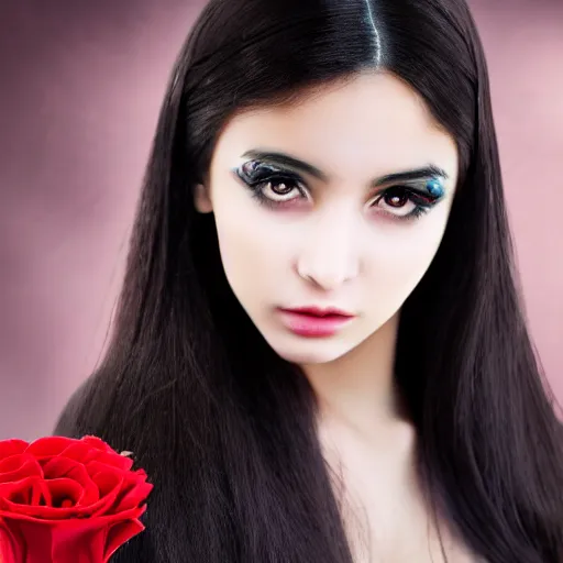 Image similar to young girl arabic oriental, black long hair, sharpe eyes very very beautiful, holding red rose high resolution 8 k, very detailed