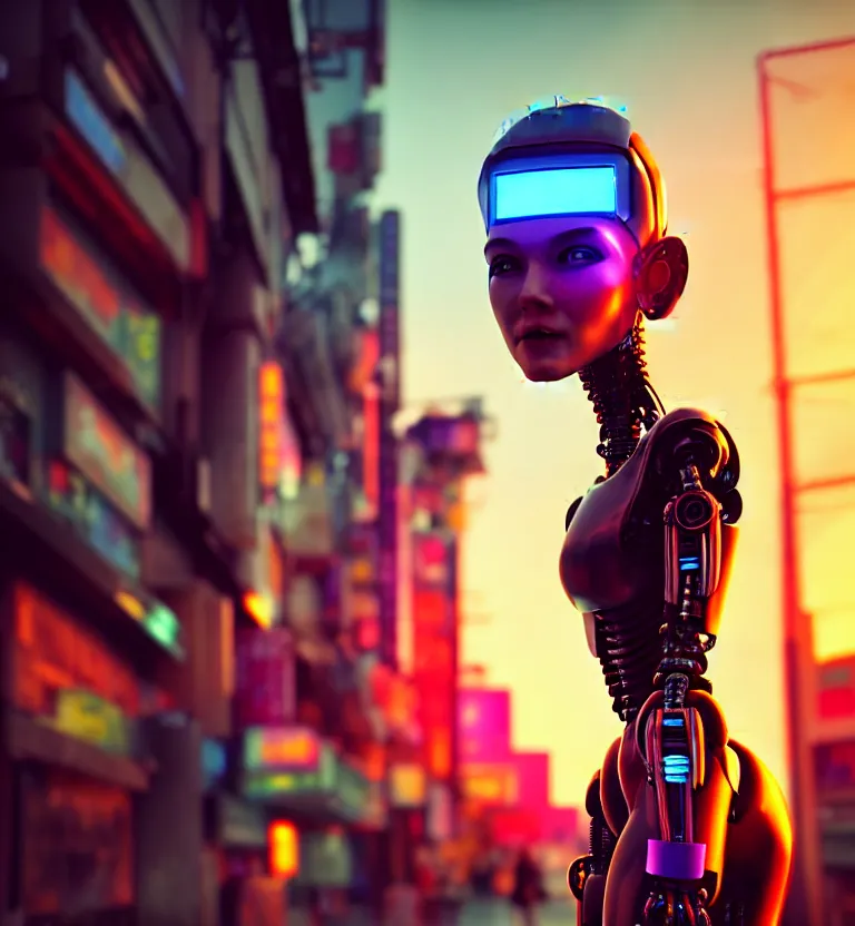 Image similar to a photo close up cyberpunk half robot half girl stands in a cyberpunk hiroshima, prefecture streets, sunset, photorealistic, cinematic lighting, very detailed, style by tomino - sama