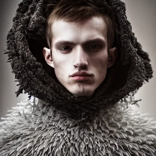 Image similar to a portrait of a beautiful young male wearing an alexander mcqueen armor made of fog , photographed by andrew thomas huang, artistic