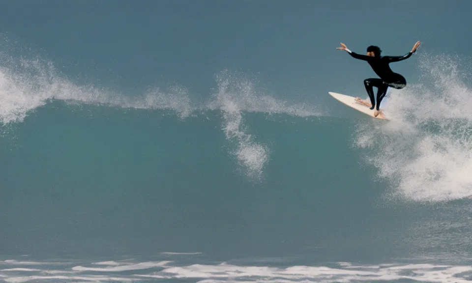 Prompt: photo of a surfer, surfing in the waves, film photography