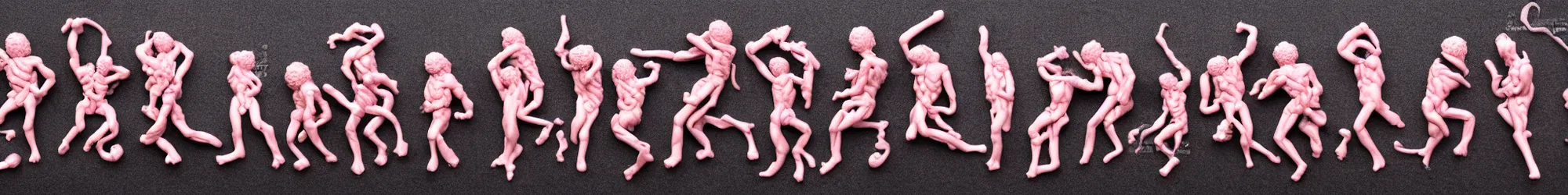 Image similar to long line-up of pink powdered laocoon and his sons struggling with twisted golden wire, intertwined full body view, plastic injection mold toys, product photography, black background