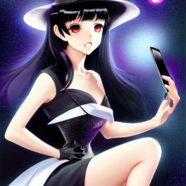 Prompt: epic professional digital art Manga Key visual of a stunningly attractive witch with straight black hair in a sparkly silver dress looking at her iphone, office background, by Gil Elvgren and Dorian Cleavanger, best on artstation, cgsociety, wlop, Behance, pixiv, cosmic, epic, stunning, gorgeous, much detail, much wow, masterpiece