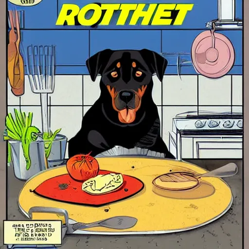 Prompt: rottweiler on dirty kitchen floor while cooking, comic book cover