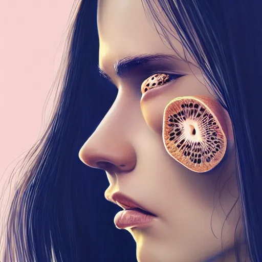 Prompt: close up of female model with kiwifruit slices covering her eyes. 4K award winning photorealistic concept art. smooth, sharp focus, illustration, grunge tech, art by Hirō Isono, by artgerm and greg rutkowski Artgerm 8k