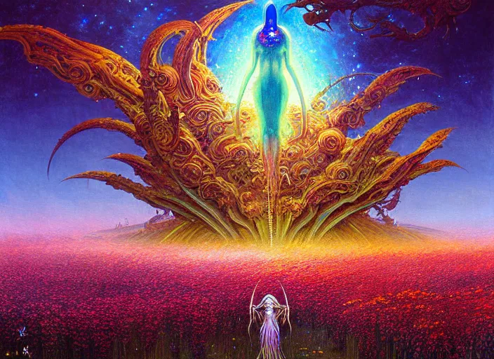 Image similar to a beautiful painting of a large alien shrine shrouded by mystic nebula magic in a field of flowers by moebius and android jones, oil on canvas sharp, details, hyper - detailed, hd, hdr, 4 k, 8 k