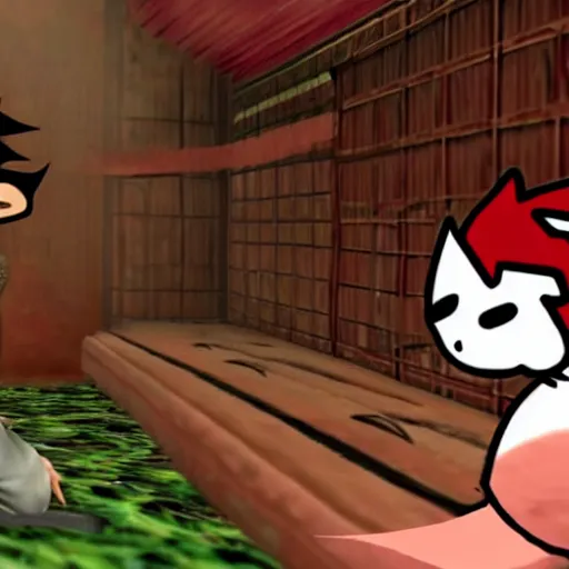 Image similar to Markiplier was absorbed into the Okami game. He must now befriend Okami in order to escape. Screenshot of the Markiplier character in the Playstation 2 game Okami. HDR, 4k, 8k, Okami being petted by Markiplier, who is looking at the camera.