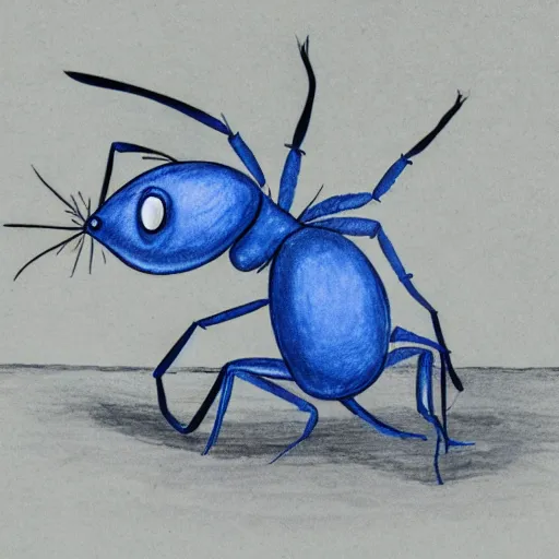 Prompt: a one - eyed blue ant character study with a relaxed stance, pen and ink