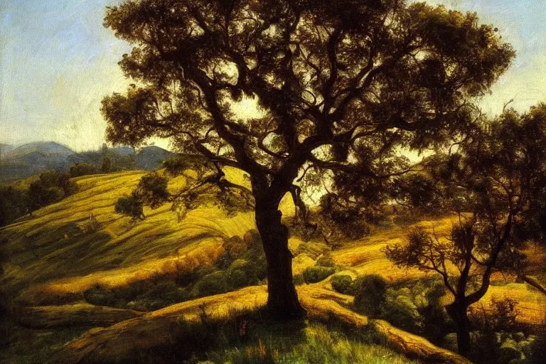 Image similar to masterpiece painting of oak trees on a hillside overlooking a creek, dramatic lighting, by annie swynnerton