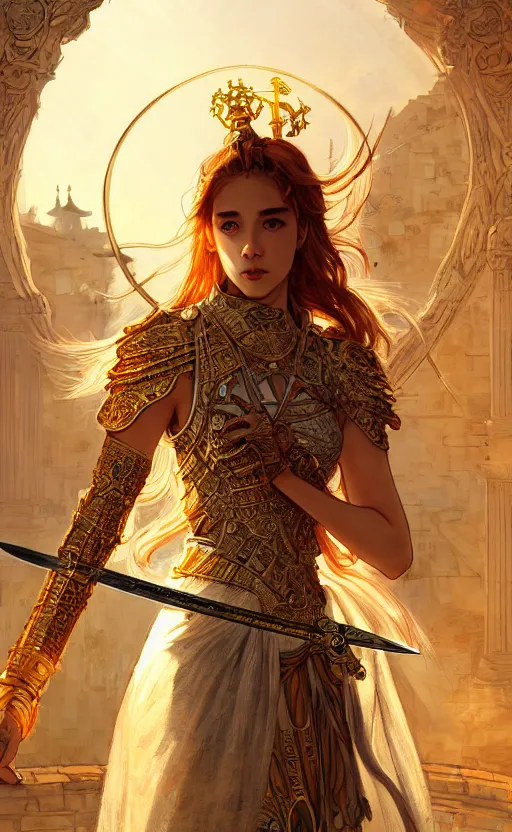 Image similar to portrait sword knights of zodiac girl, golden and copper shining armor, bushido, in ruined agora of athens sunrise, ssci - fi and fantasy, intricate and very very beautiful and elegant, highly detailed, digital painting, artstation, concept art, smooth and sharp focus, illustration, art by tian zi and wlop and alphonse mucha