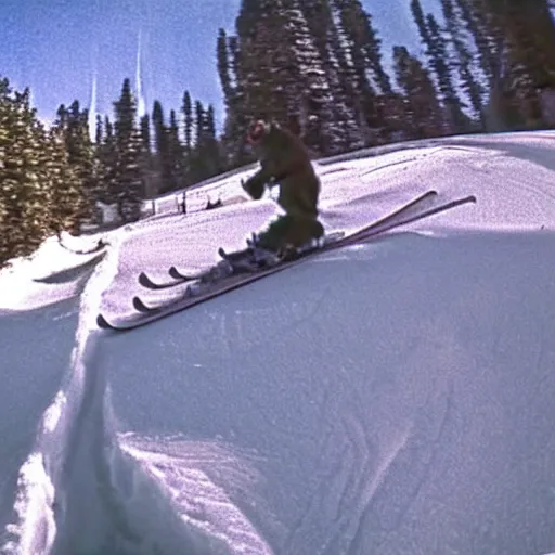 Image similar to GoPro footage of Bigfoot skiing in rad 1990s gear