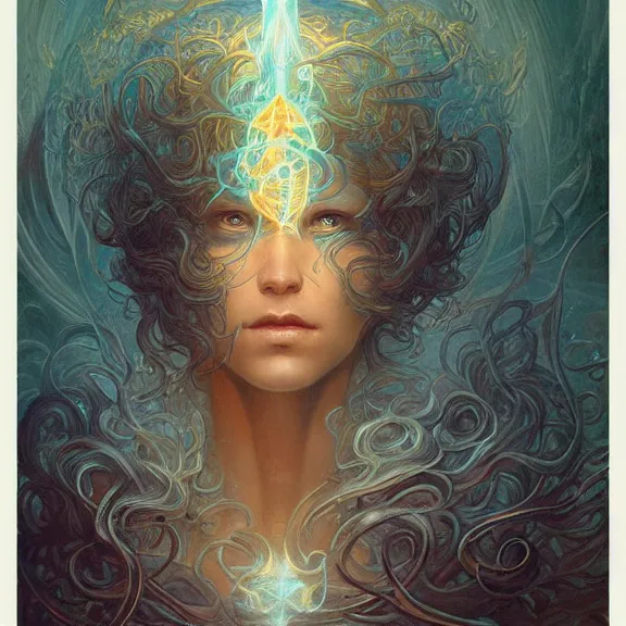 Image similar to a highly detailed beautiful portrait in the style of jean delville and in the style of peter mohrbacher. glowing rune of magical power.
