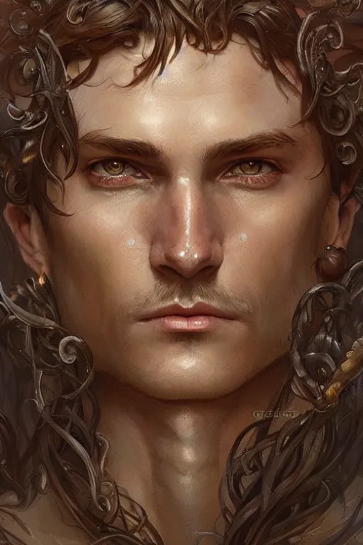 Image similar to up close portrait of a male wood fae, d & d, face, fantasy, intricate, elegant, highly detailed, digital painting, artstation, concept art, smooth, sharp focus, illustration, art by artgerm and greg rutkowski and alphonse mucha