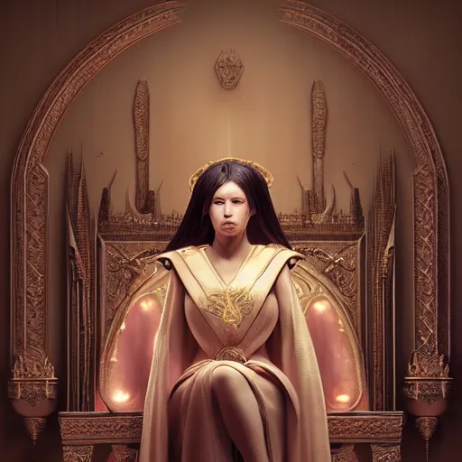 Prompt: the high priestess sitting on her throne, stunning 3 d render inspired art by greg rutkowski and xiang duan and thomas eakes, perfect facial symmetry, flesh texture, realistic, highly detailed attributes and atmosphere, dim volumetric cinematic lighting, 8 k octane detailed render, post - processing, masterpiece, rtx on, rendering on unreal engine