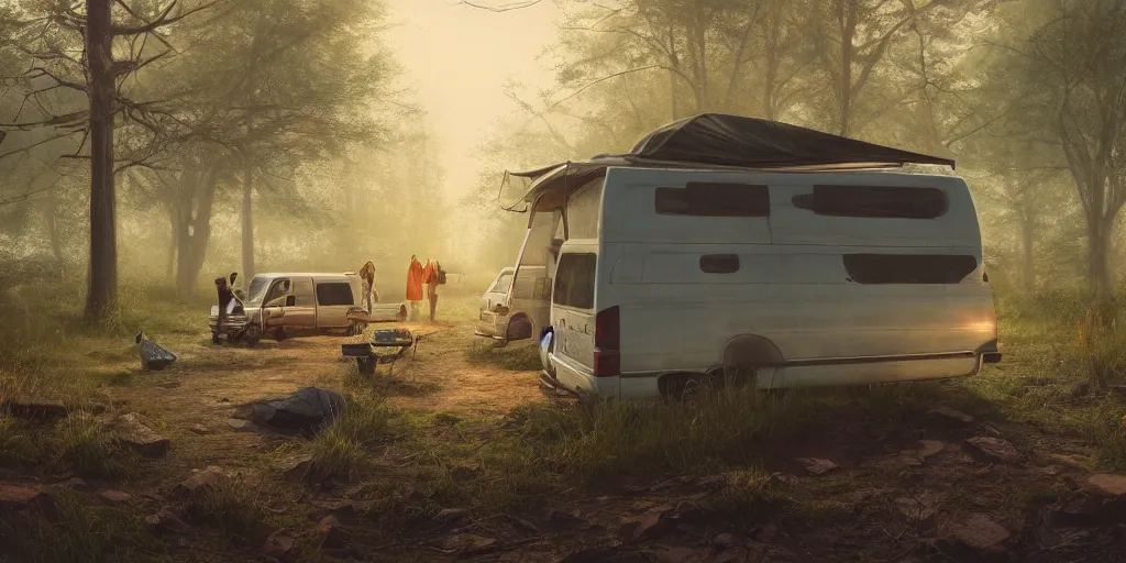 Image similar to looking out of the back of a van, two women camping, elegant scene, low angle, wide angle, indian forest, wide angle, cinematic, ultrarealistic, trending on artstation, cgsociety, highly detailed, color graded, rendered in unreal engine 4 k hq, matte painting, by simon stalenhag and hudson river school, horizon forbidden west
