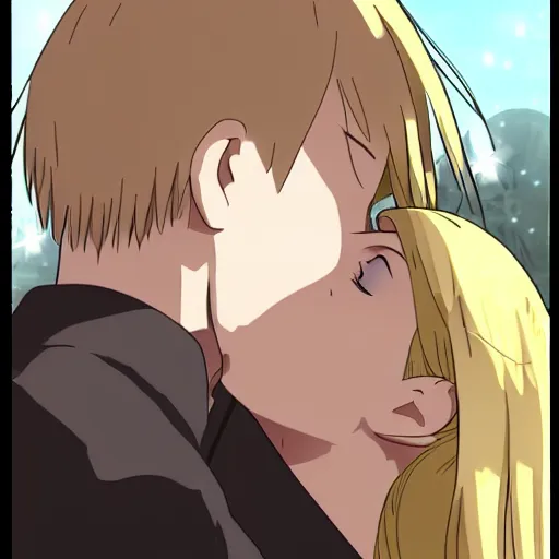 Image similar to Annie Leonhart kissing Annie Leonhart, anime kiss, detailed face, love, bokeh effect, lesbian kiss