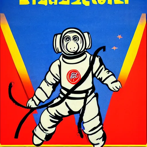 Prompt: monkey wearing a space suit, soviet propaganda poster, graphic design