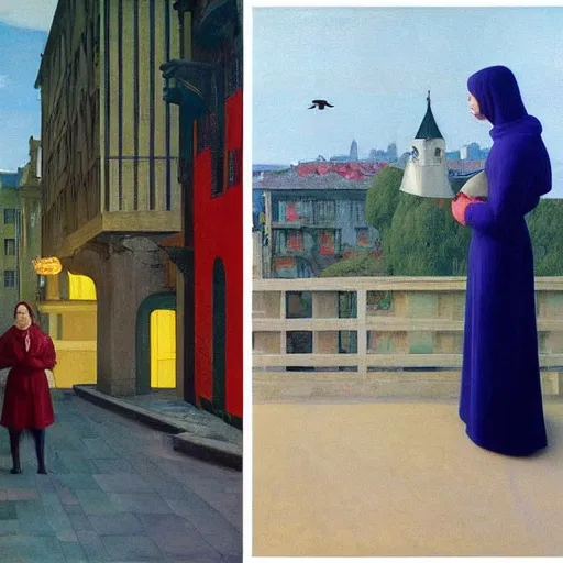 Image similar to a woman in a medieval city, a lots of crows, hyperrealistic film still by edward hopper, by gottfried helnwein, by klimt, by paolo uccello, art nouveau, highly detailed, strong lights, liminal, eerie, symbolist, bright pastel colors