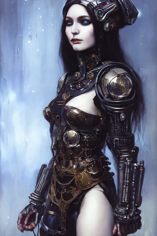 Image similar to portrait of beautiful young gothic maiden, cyberpunk armor, a lot of scars, warhammer, highly detailed, artstation, illustration, art by gustav klimt