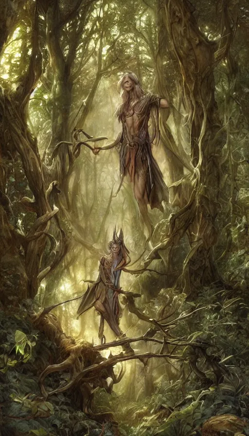 Prompt: Realistic painting of a high fantasy wood elf wizard in a magical forest clearing by Jean Baptiste Monge, Boris Vallejo, Artgerm, Donato Giancola, trending on artstation, dramatic lighting