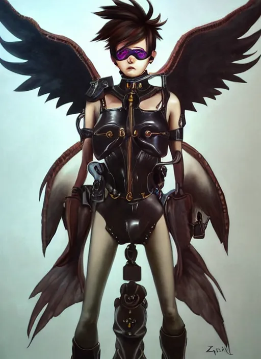 Prompt: full body artwork of tracer overwatch, wearing leather collar, in style of zdzisław beksinski, angel wings, dramatic painting, symmetrical composition, wearing detailed leather collar, black shiny armor, chains, black harness, detailed face and eyes,