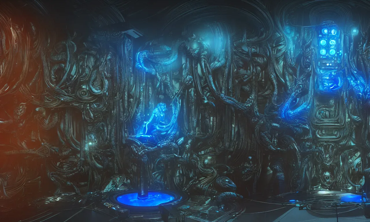 Image similar to Prometheus biological sci-fi environment set, glowing blue control panel, in a nightmarish universe of odd forms and somber tapestry, HR Giger and Vincent Di Fate, vivid color scheme, featured in artstation, octane render, cinematic, elegant, intricate, 8k