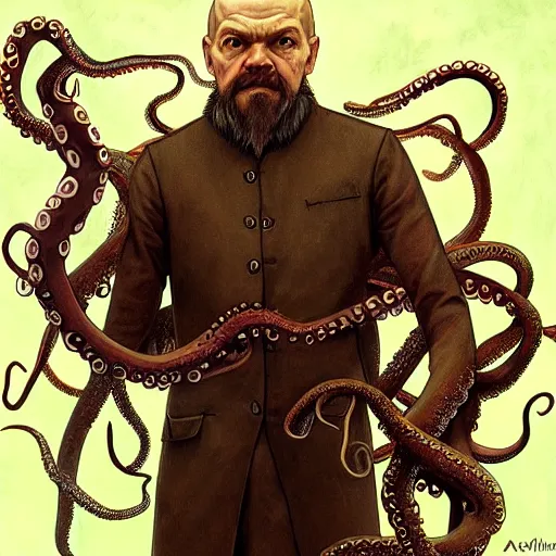 Image similar to photo of vladimir lenin as humanoid octopus with tentacles beard hybrid were a heroic dress an armour in the forest, highly detailed, digital painting, artstation, smooth, sharp focus, illustration, art by artgerm and greg rutkowski and alphonse mucha