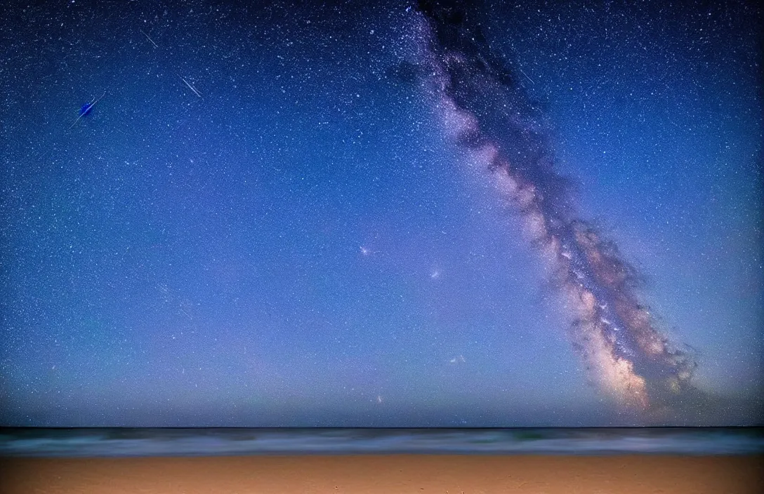 Prompt: beautiful starry sky, beach, at night