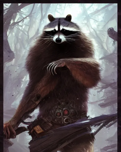 Image similar to Raccoon Shapeshifter, magic the gathering artwork, D&D, fantasy, cinematic lighting, centered, symmetrical, highly detailed, digital painting, artstation, concept art, smooth, sharp focus, illustration, volumetric lighting, epic Composition, 8k, art by Akihiko Yoshida and Greg Rutkowski and Craig Mullins, oil painting, cgsociety