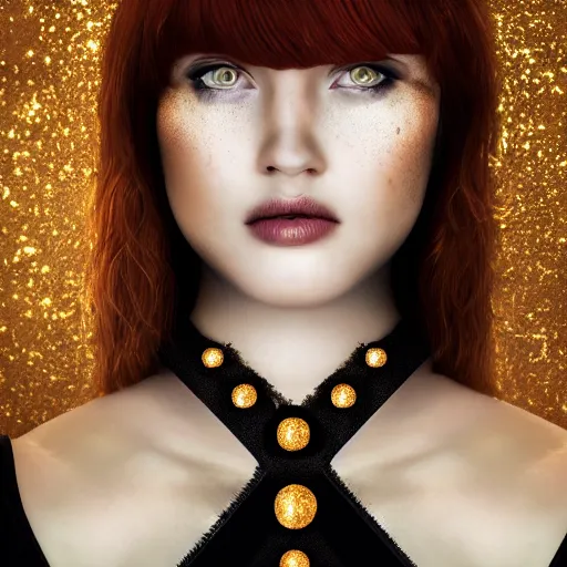 Image similar to redhead girl in black dress in beautiful castle, black pearls and golden gems, glowing eyes, light freckles, portrait, conceptart, medium shot, unreal, octane, symmetrical, photorealism