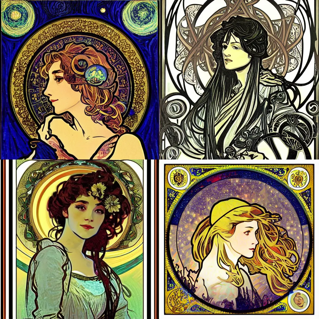 Prompt: Starry Night in the style of Alphonse Mucha