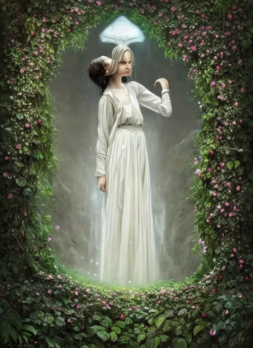 Prompt: beautiful portrait of the clothed Great Fairy Fountain, white top, shirt, ivy vines and flowers, dark fantasy esoteric, D&D, fantasy, cinematic lighting, full body robe, intricate, elegant, highly detailed, digital painting, artstation, concept art, matte, sharp focus, illustration, art by Artgerm and Tom Bagshaw and Greg Rutkowski and Alphonse Mucha