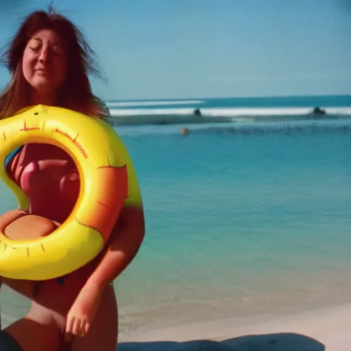 Prompt: A sad woman wearing an inflatable smiley to the beach, 1980, color film expired film, aged photo